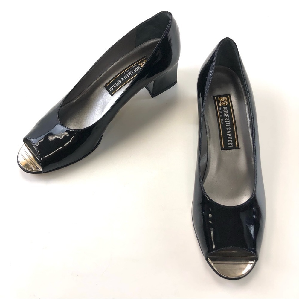 Roberto Capucci black patent peep toe shoes Size 8.5AA Classic